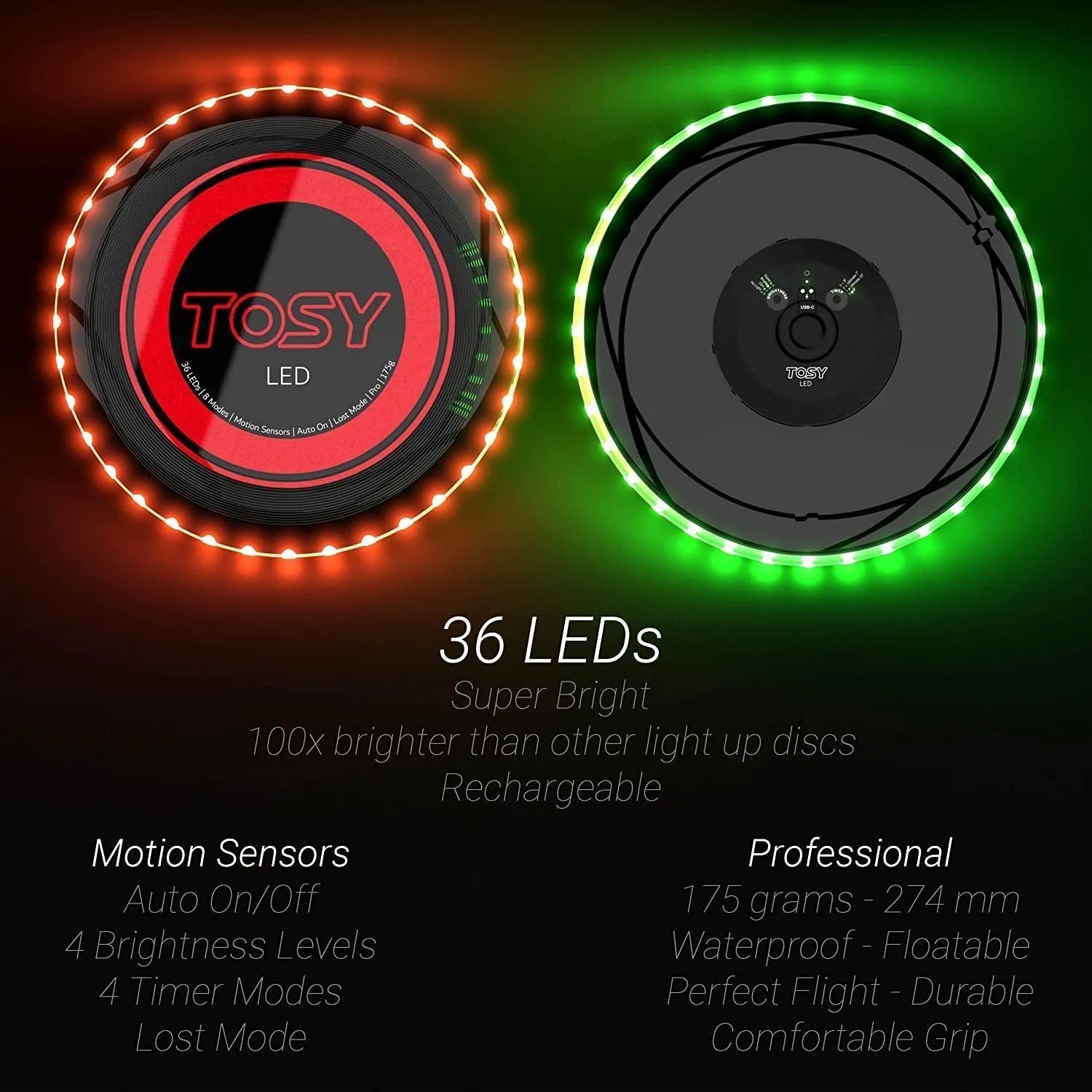 TOSY Ultra-Bright LED Flying Disc: 36 LEDs, Rechargeable, Smart Motion Sensors & Pro Design