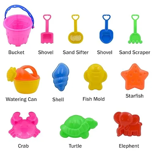 WISHKEY Sand Game Castle Building Plastic Beach Toy Set for Kids Summer Fun Creative Activity Playset & Gardening Tool with Fishes, Elephant & Bucket (Pack of 12, Multicolor)
